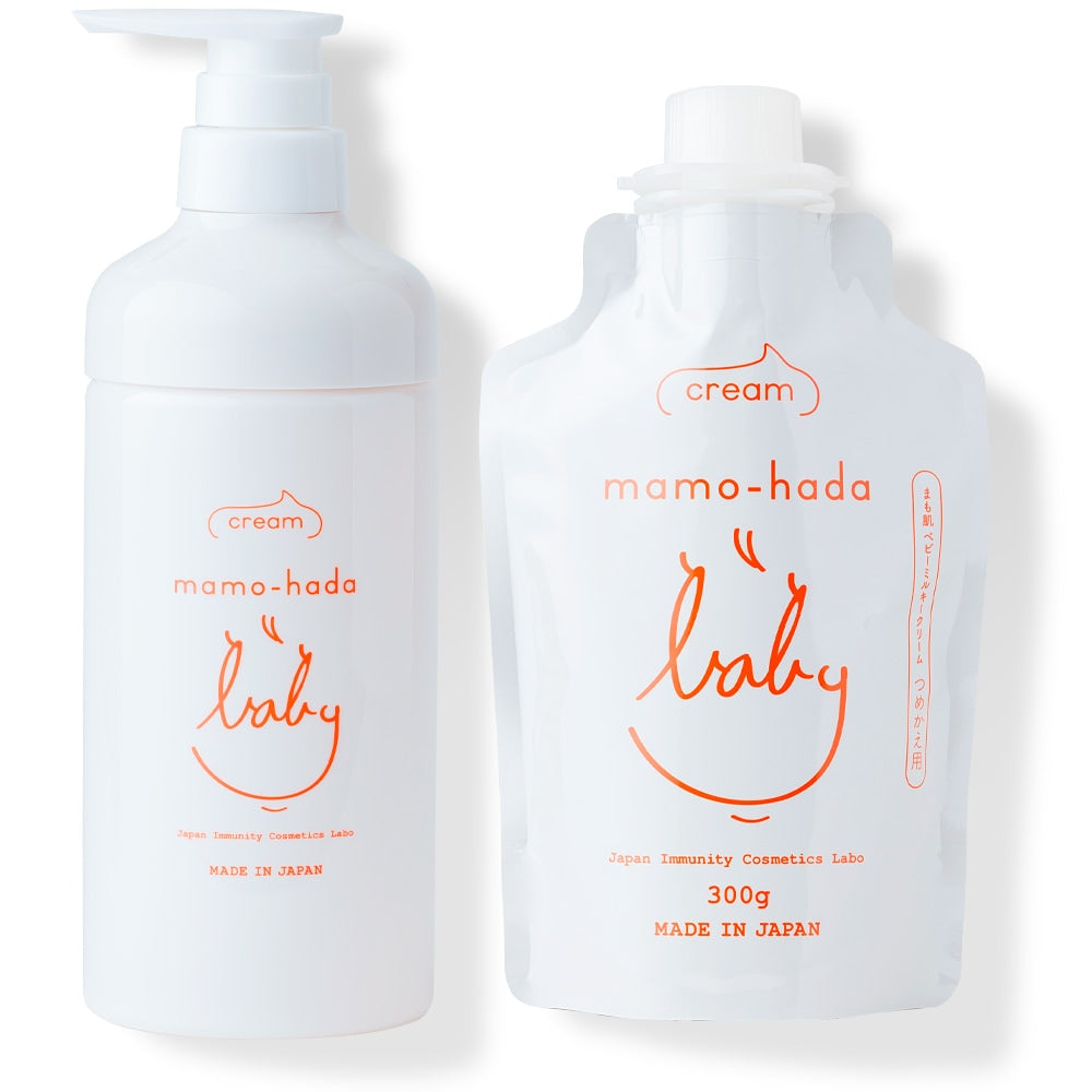 【日本製】Mamohada 嬰兒保濕乳霜 Baby Milky Cream 300g 大容量補充裝＋專用按壓瓶 無添加 低刺激 敏感肌 新生兒可用 臉部及全身 神經醯胺