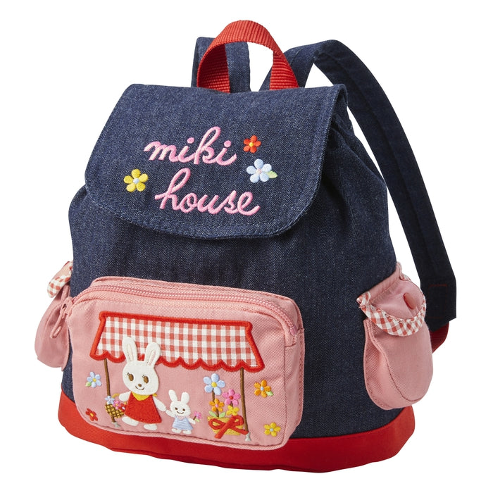 【日本製】MIKI HOUSE Usako 花店 立體口袋 丹寧BB背囊 魔術貼 生日送禮 靛藍色
