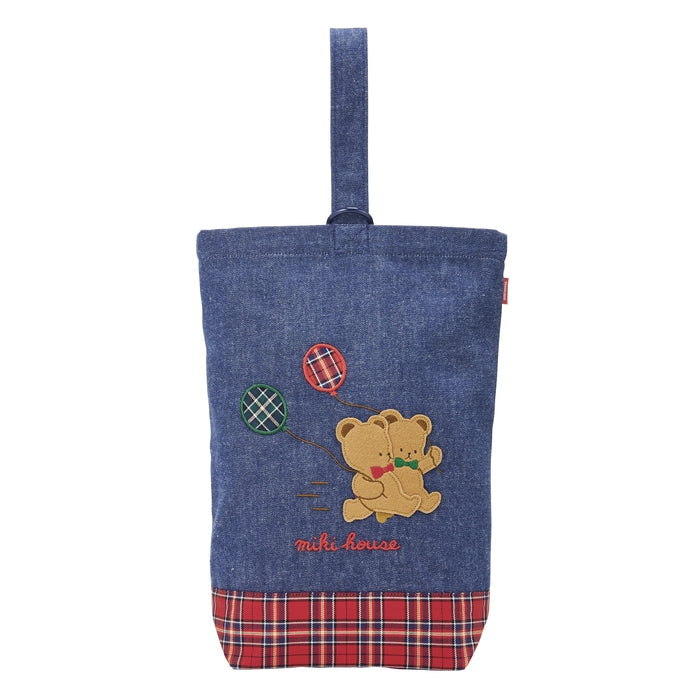MIKI HOUSE 小熊 刺繡貼布 丹寧布 鞋袋 室內鞋袋 幼稚園 上學用品