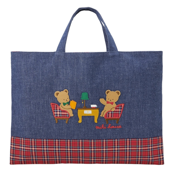 MIKI HOUSE 小熊 刺繡貼布 丹寧布 補習袋 手挽書包 上學 學才藝 2色