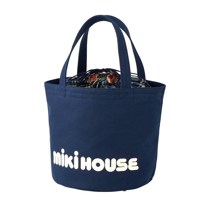 【日本製】MIKI HOUSE 大Logo 厚帆布水桶托特袋 索繩束口 MIKI HOUSE格紋 牛皮配件 大容量媽媽袋