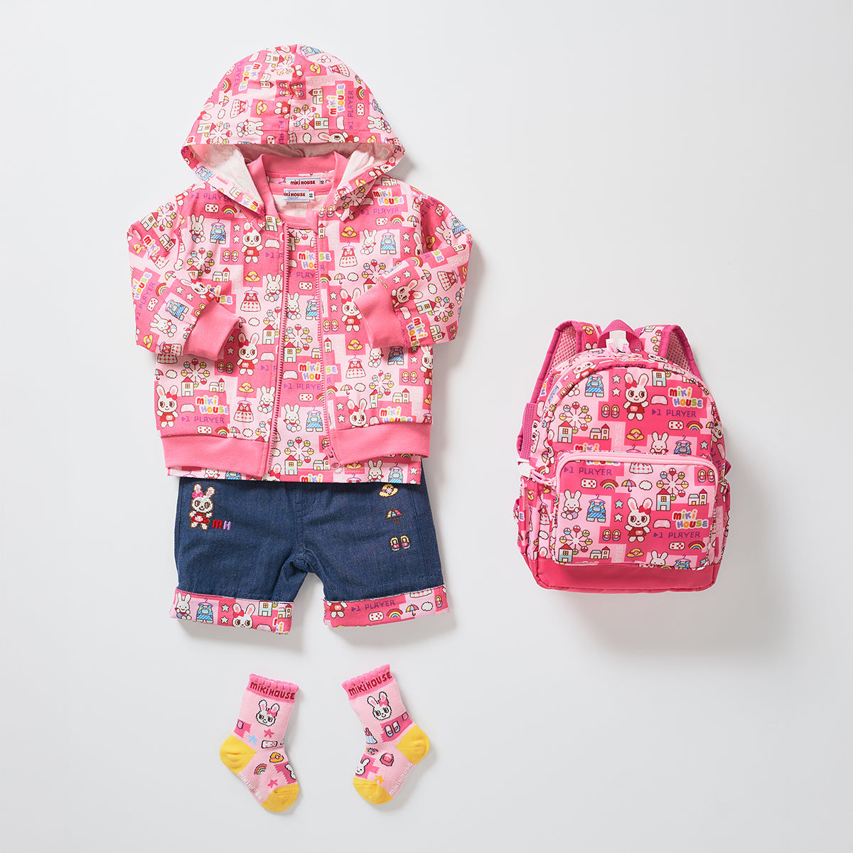 MIKI HOUSE Pucchi Usako 復古遊戲系列 滿版印花 兒童背囊 S／M 6L／10L 胸扣 反光條 2色