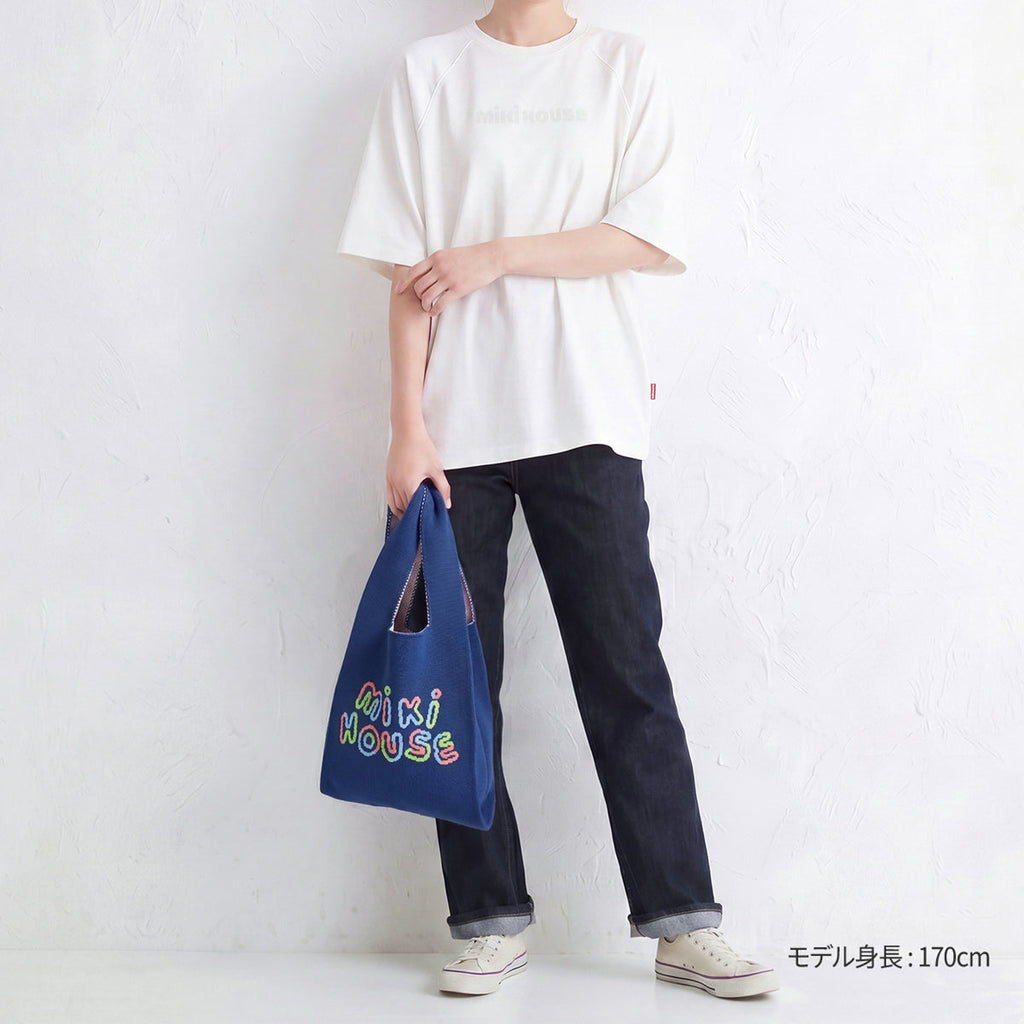 MIKI HOUSE 彩色Logo 針織托特袋 可摺疊 輕便購物袋 隨身副袋 2色