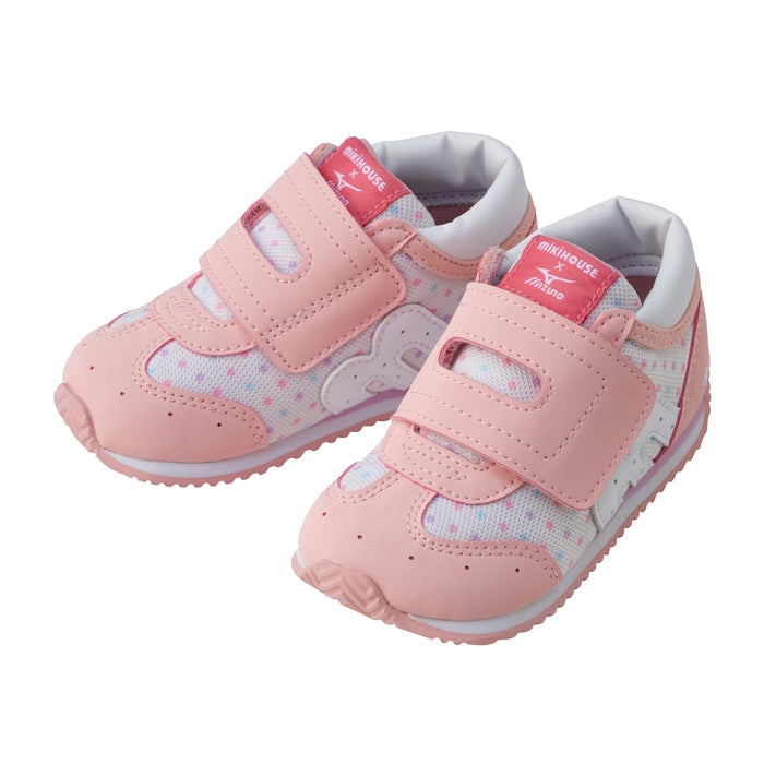 MIKI HOUSE × MIZUNO 聯乘第二階段學行鞋 圓點花花款 腳趾步行鞋墊 寬魔術貼BB鞋