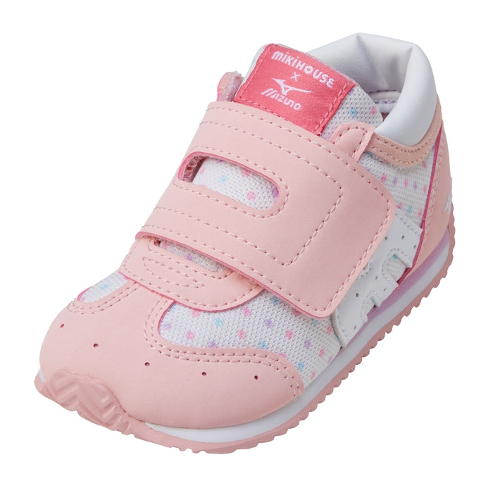 MIKI HOUSE × MIZUNO 聯乘第二階段學行鞋 圓點花花款 腳趾步行鞋墊 寬魔術貼BB鞋