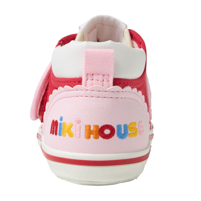 【日本製】MIKI HOUSE Petit Usa Exclusive 華麗刺繡紅色帆布第二階段學行鞋 格仔拼接 送禮