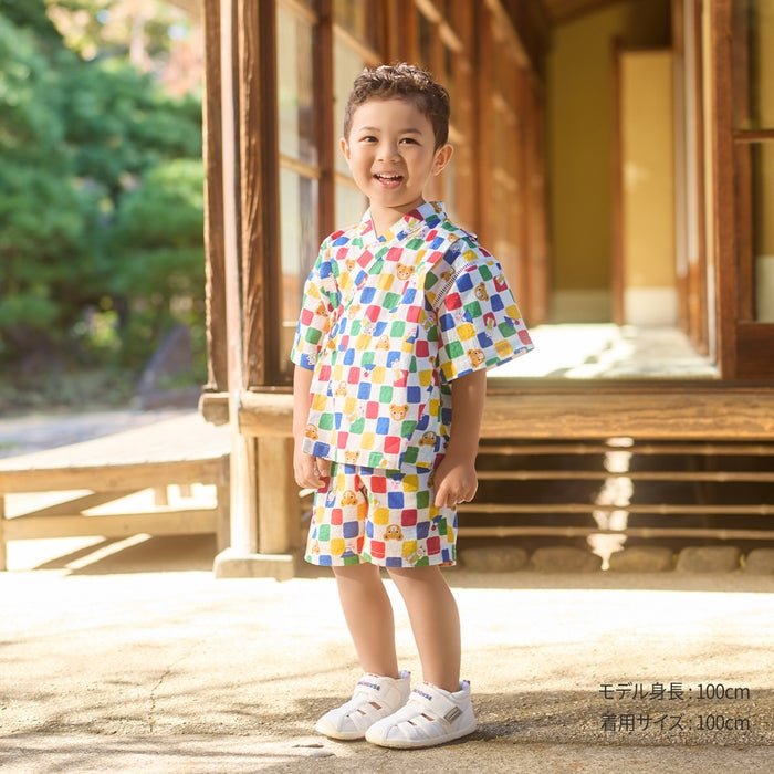 【日本製】MIKI HOUSE 招財貓 富士山 櫻花 市松格 甚平套裝 白色