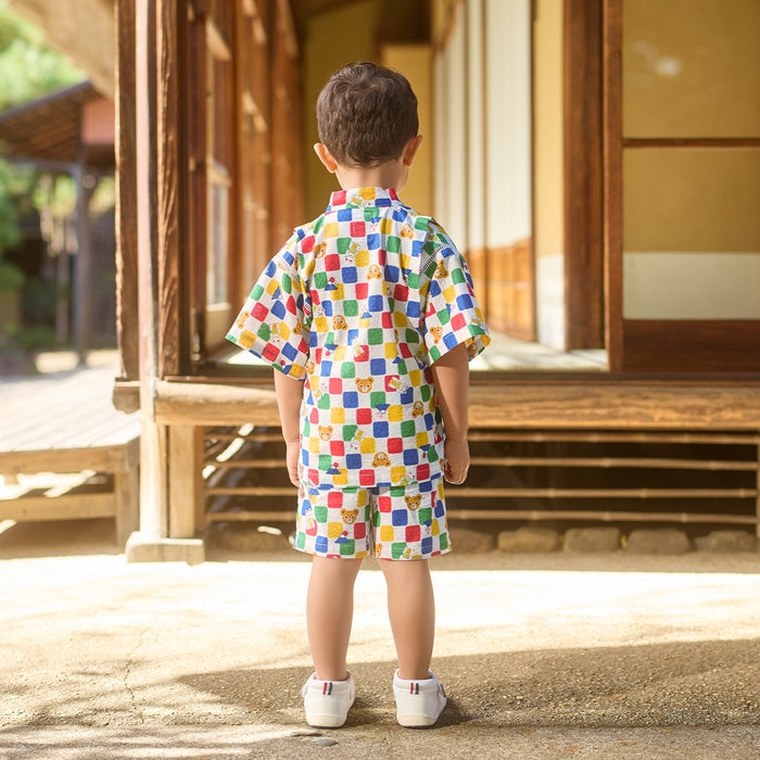 【日本製】MIKI HOUSE 招財貓 富士山 櫻花 市松格 甚平套裝 白色