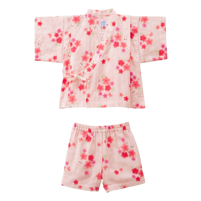 【日本製】MIKI HOUSE 花花 Usako 甚平套裝 雙層紗布 粉紅色