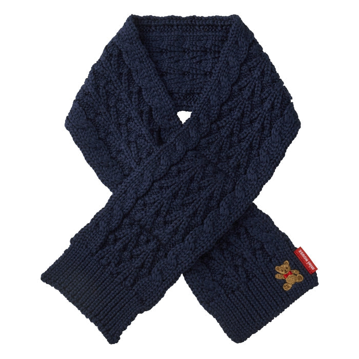 【日本製】MIKI HOUSE 小熊刺繡 扭紋針織 兒童頸巾 背面固定環 冬季保暖 親子送禮 4色