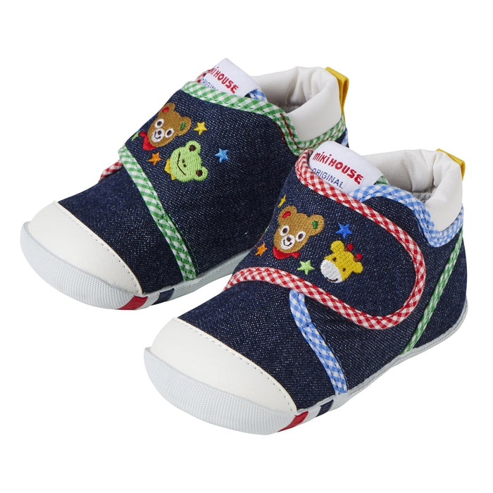 【日本製】MIKI HOUSE Pucchi小熊 動物刺繡學步鞋 丹寧／帆布 嬰兒BB鞋 出生週歲送禮