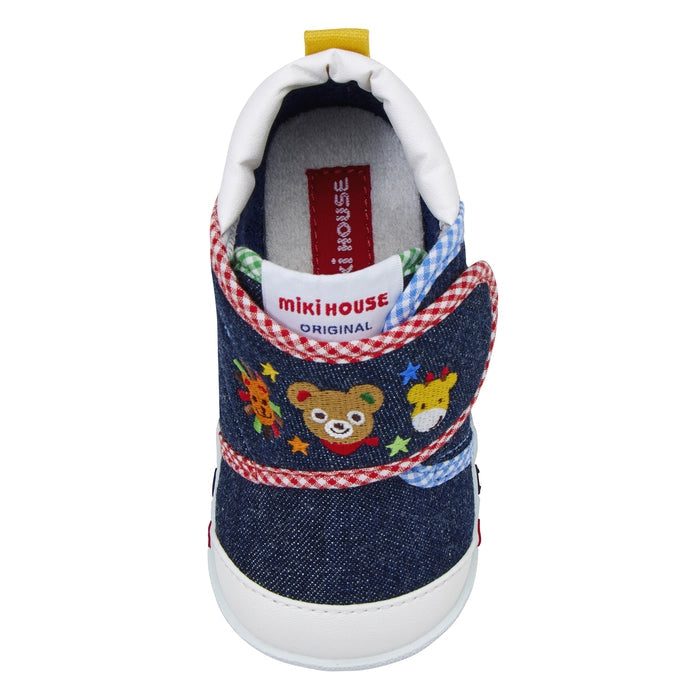 【日本製】MIKI HOUSE Pucchi小熊 動物刺繡學步鞋 丹寧／帆布 嬰兒BB鞋 出生週歲送禮