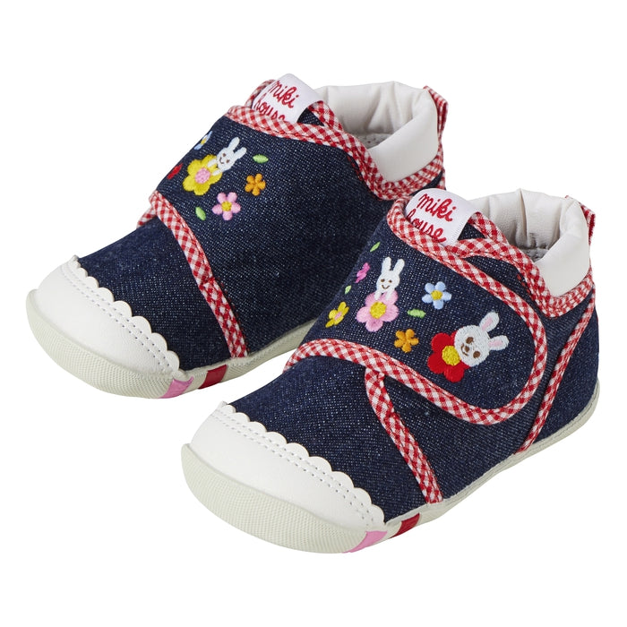 【日本製】MIKI HOUSE Usako小兔 花朵刺繡學步鞋 丹寧／帆布 嬰兒BB鞋 出生週歲送禮