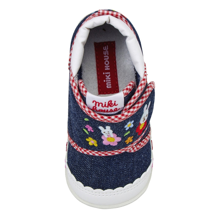 【日本製】MIKI HOUSE Usako小兔 花朵刺繡學步鞋 丹寧／帆布 嬰兒BB鞋 出生週歲送禮