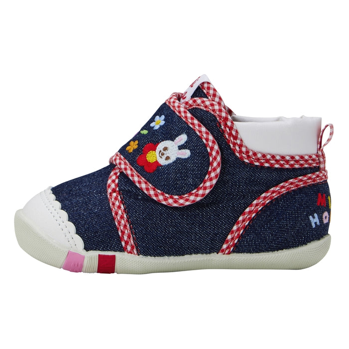 【日本製】MIKI HOUSE Usako小兔 花朵刺繡學步鞋 丹寧／帆布 嬰兒BB鞋 出生週歲送禮