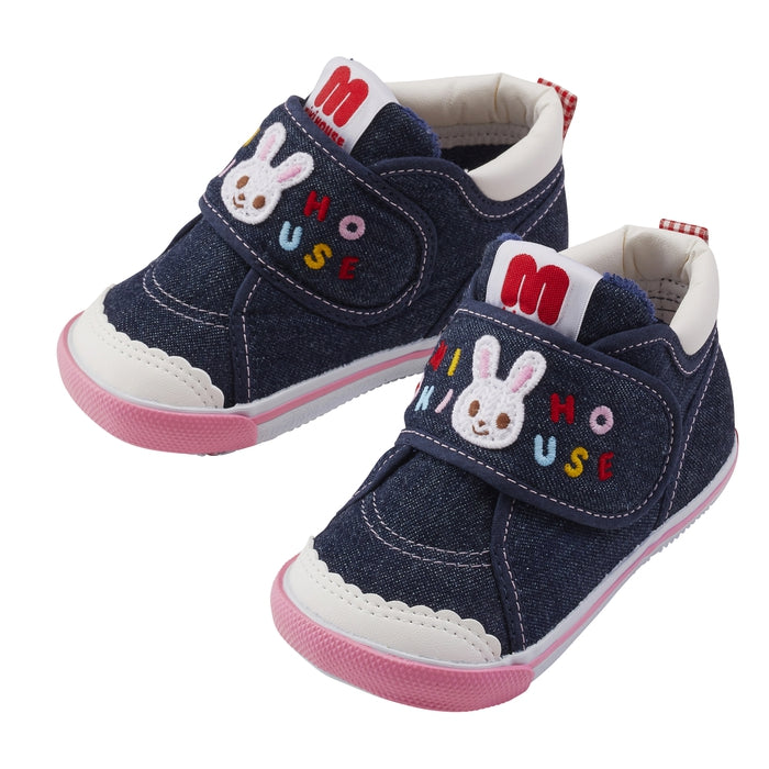 【日本製】MIKI HOUSE Usako小兔 織章荷葉邊第二階段學行鞋 丹寧／帆布 幼兒BB鞋 生日送禮
