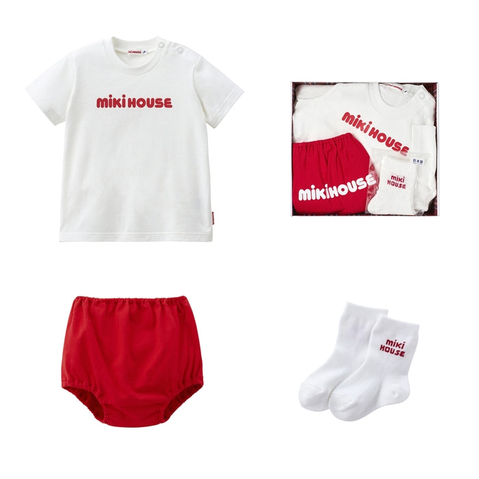 【日本製】MIKI HOUSE 復古 Logo 短袖T恤、燈籠褲及襪套裝禮盒 4色