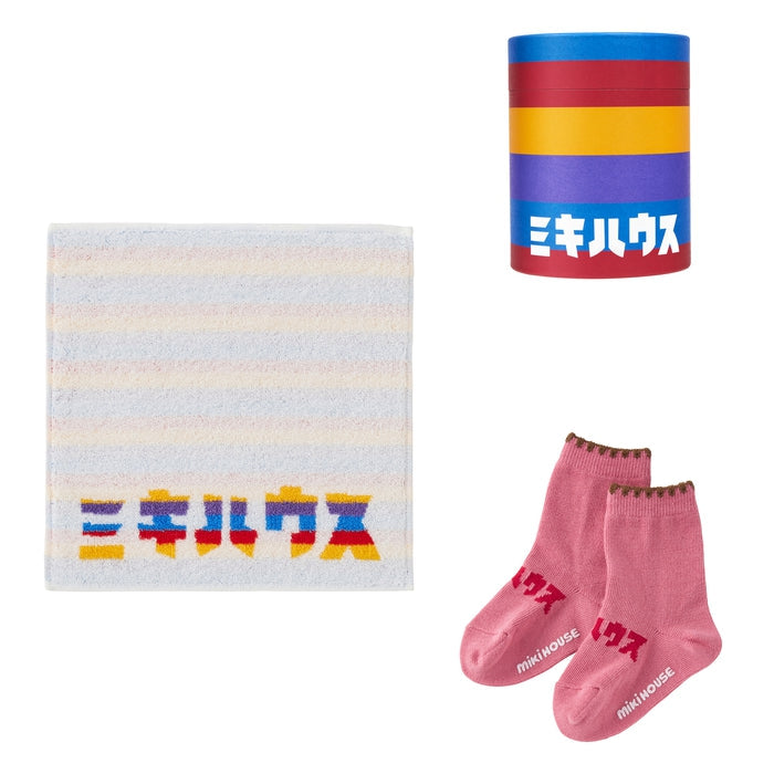 【日本製】MIKI HOUSE Logo 襪及小毛巾套裝（附筒形禮盒） 3色