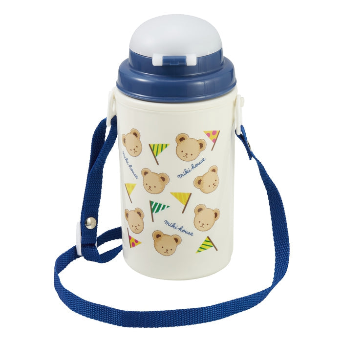 【日本製】MIKI HOUSE 小熊系列 保冷吸管水壺 450ml 隔熱層 一按彈出 附肩帶 男女合用 深藍色