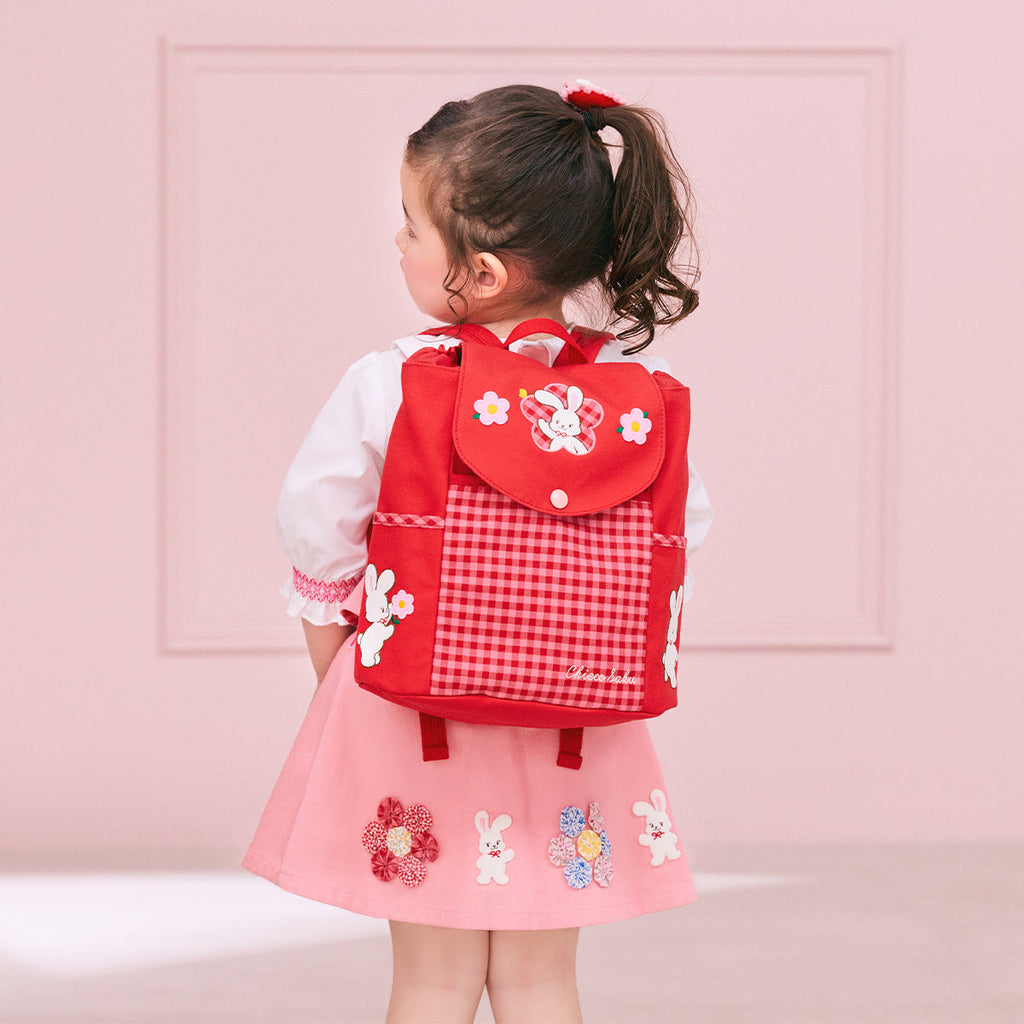 【日本製】MIKI HOUSE CHIECO SAKU 幸運四葉草系列 帆布 索繩背囊 8L 刺繡 格紋點綴 紅色