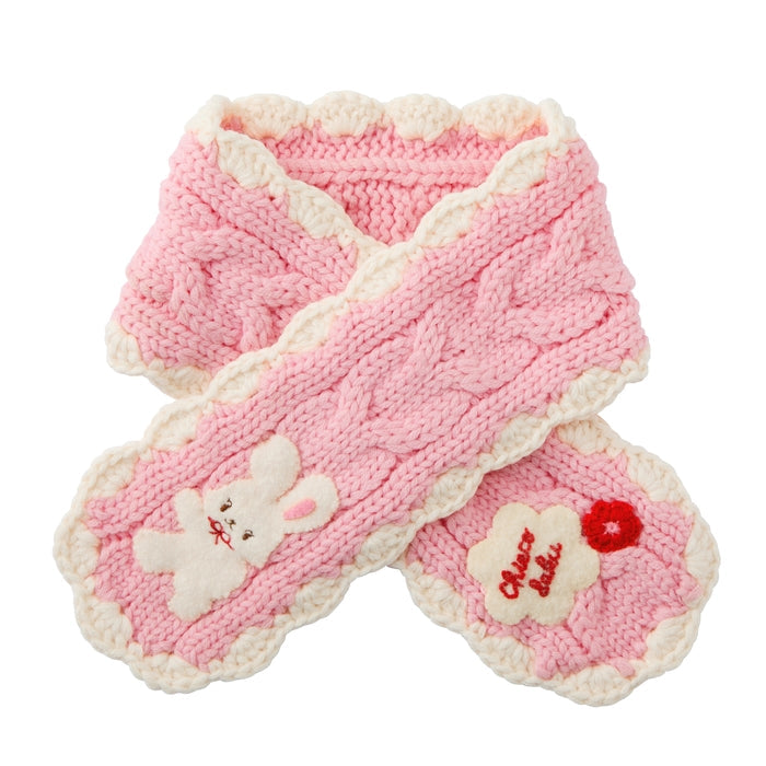 MIKI HOUSE CHIECO SAKU 灰色季節系列 花邊扭紋針織 Chieco 小花 兒童頸巾 固定環 粉紅色