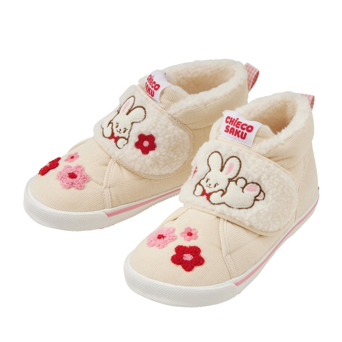 【日本製】MIKI HOUSE CHIECO SAKU 毛茸茸絨毛燈芯絨兒童鞋 花朵刺繡 冬季女童鞋 白色