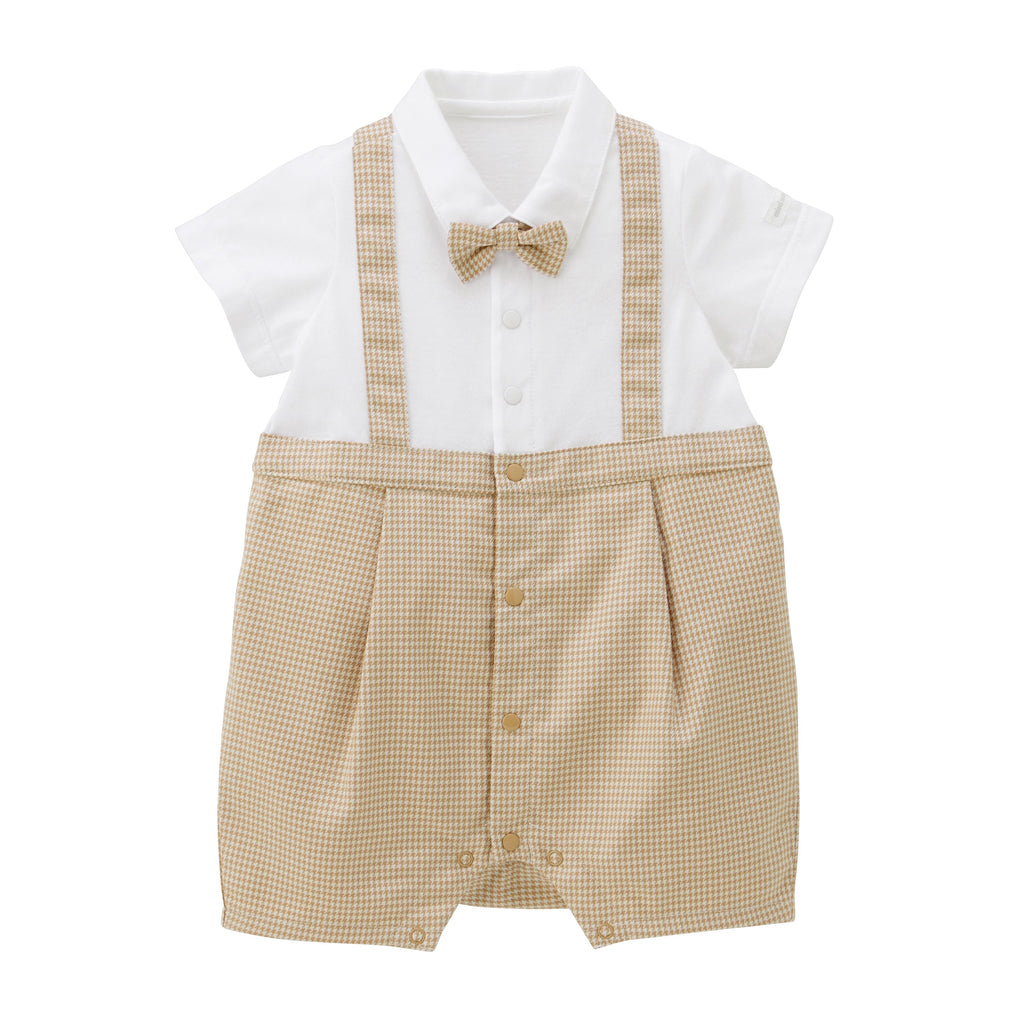 【日本製】MIKI HOUSE 禮服風 千鳥格 嬰兒短袖連身衣 背心 煲呔 夏季正裝 米色
