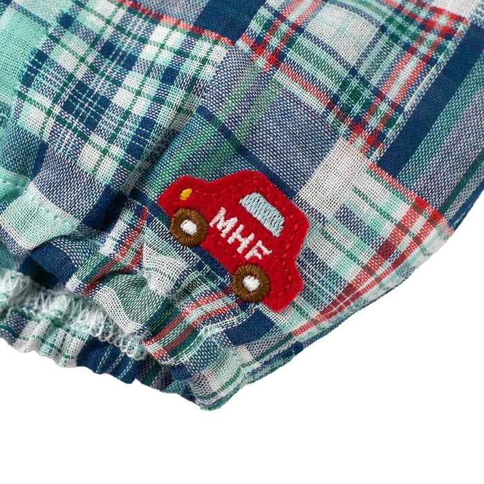 【日本製】MIKI HOUSE 短袖包屁衣及格紋紗布燈籠褲禮盒套裝 冰綠色