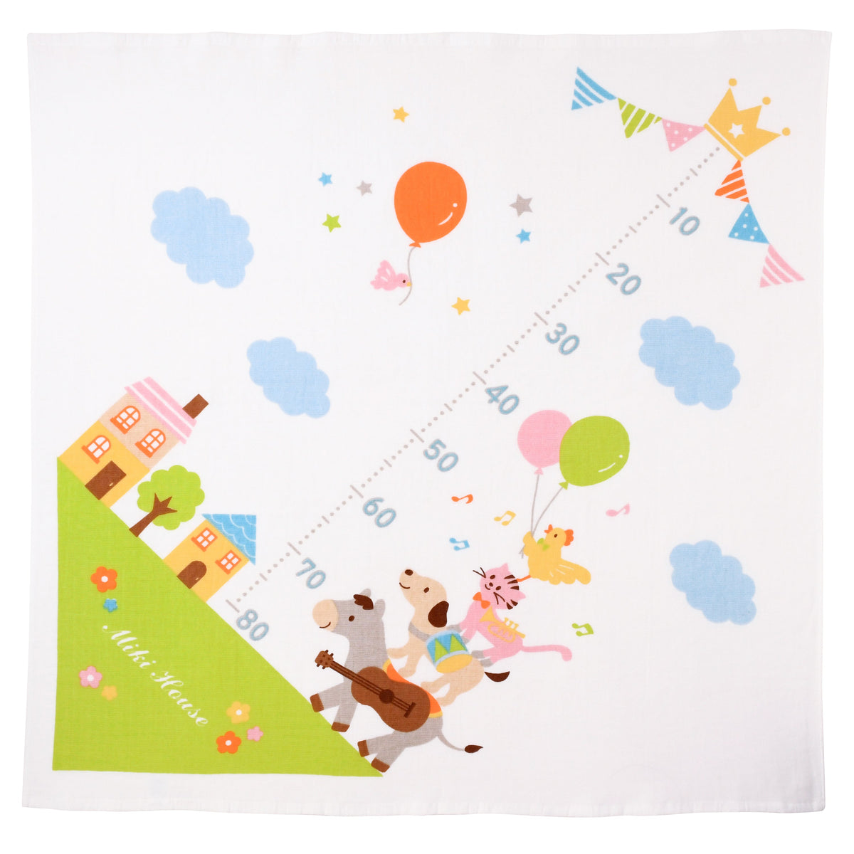 【日本製】MIKI HOUSE 身高尺 動物圖案 紗布浴巾 90×90cm 成長紀錄 彌月送禮 白色