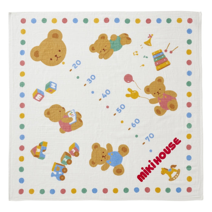 【日本製】MIKI HOUSE 身高尺 小熊圖案 紗布浴巾 90×90cm 成長紀錄 彌月送禮 白色