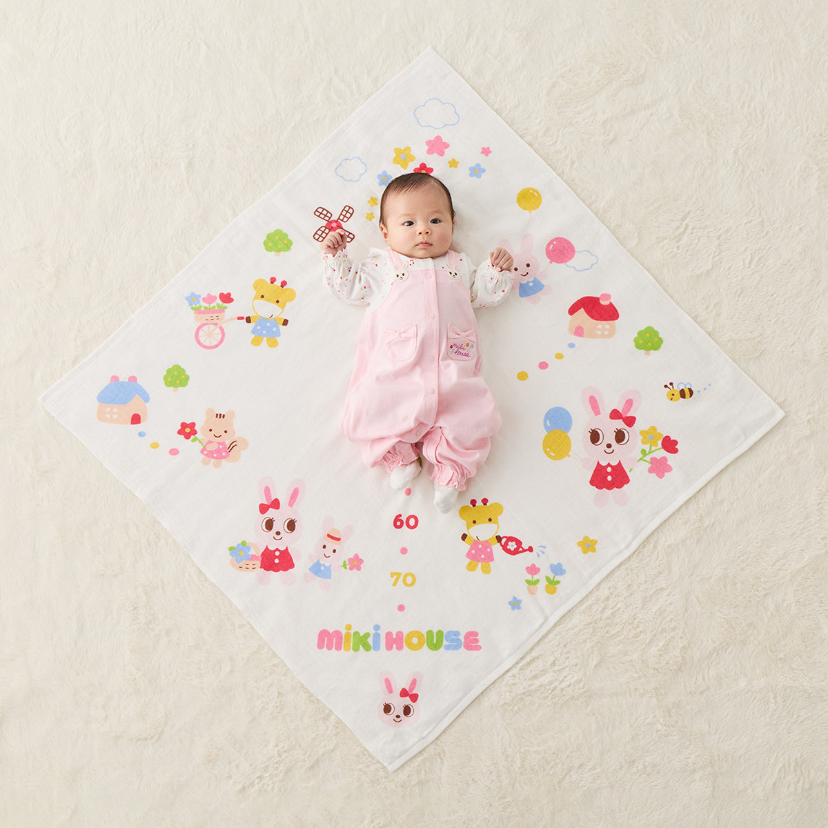 【日本製】MIKI HOUSE Puchi & Usako 身高尺 紗布浴巾 90×90cm 成長紀錄 彌月送禮 2色