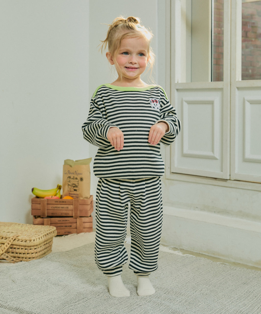 【韓國製】Rototo Bebe / 로토토베베 골지 條紋 보트넥 家居服 블랙 RO6ACLO02BK