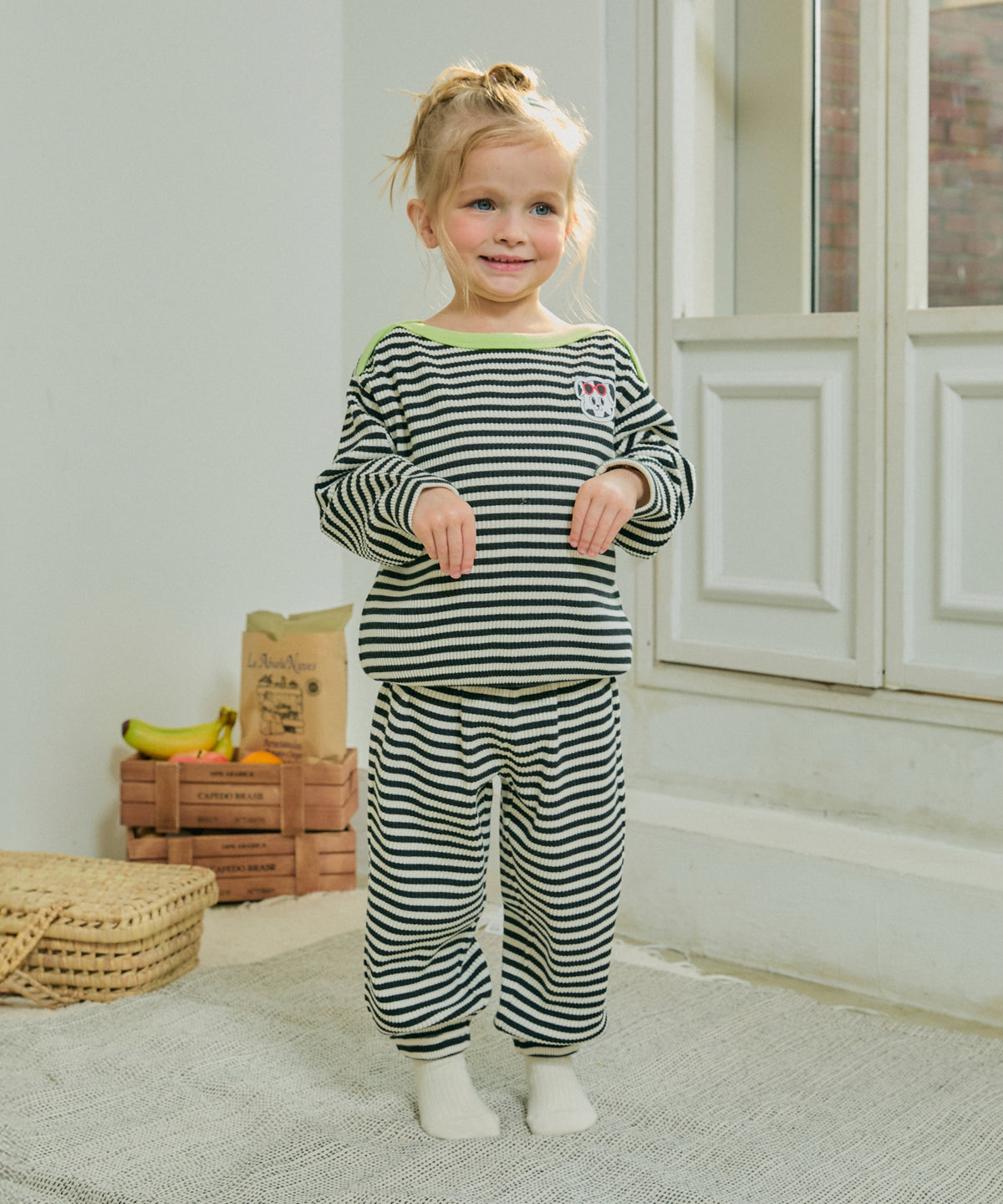 【韓國製】Rototo Bebe / 로토토베베 골지 條紋 보트넥 家居服 블랙 RO6ACLO02BK