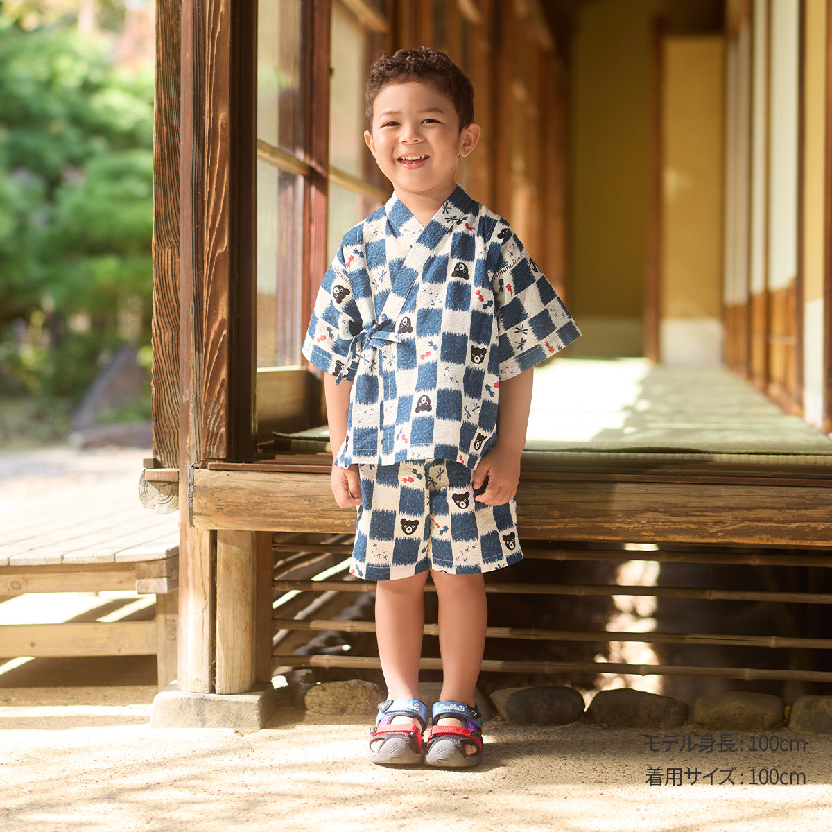 【日本製】MIKI HOUSE DOUBLE_B THE! JAPAN 格紋 黑熊 金魚 蜻蜓 甚平套裝 白色