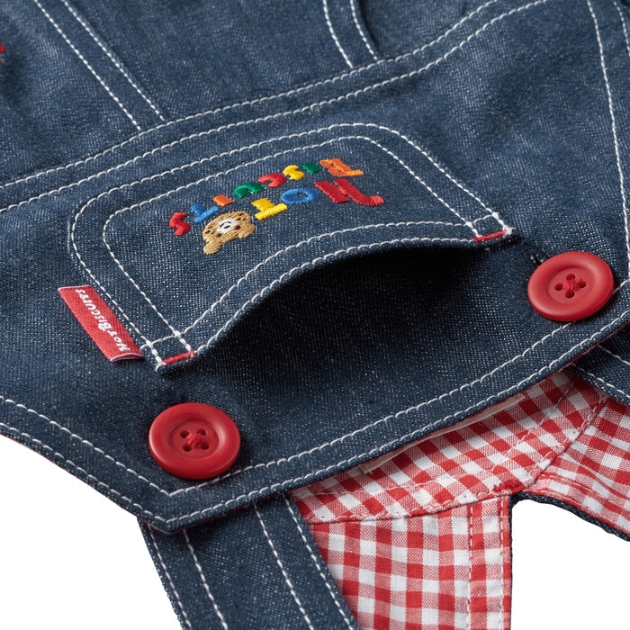 MIKI HOUSE HOT BISCUITS 汽車刺繡七分丹寧吊帶褲及長袖Polo恤套裝禮盒 靛藍色