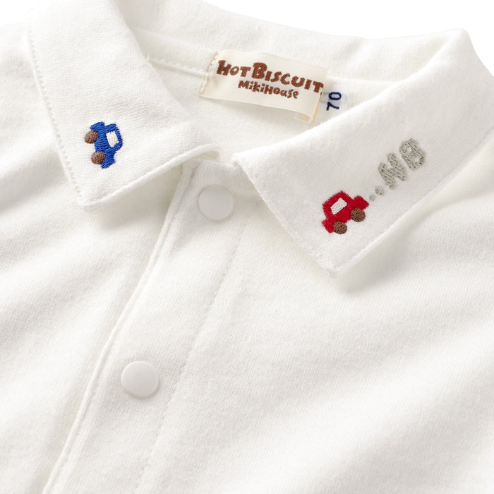 MIKI HOUSE HOT BISCUITS 汽車刺繡七分丹寧吊帶褲及長袖Polo恤套裝禮盒 靛藍色