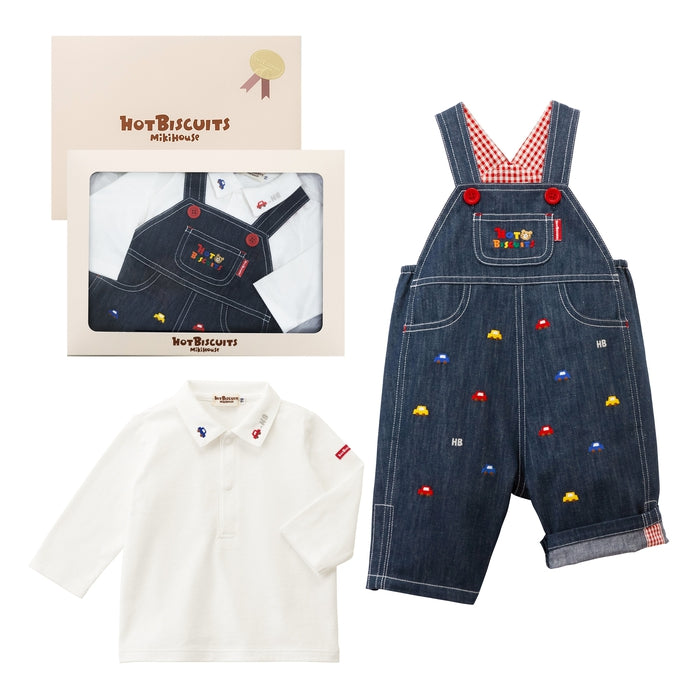 MIKI HOUSE HOT BISCUITS 汽車刺繡七分丹寧吊帶褲及長袖Polo恤套裝禮盒 靛藍色
