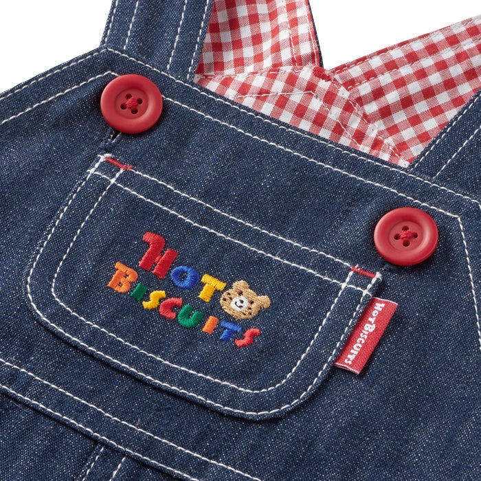 MIKI HOUSE HOT BISCUITS 汽車刺繡七分丹寧吊帶褲及長袖Polo恤套裝禮盒 靛藍色
