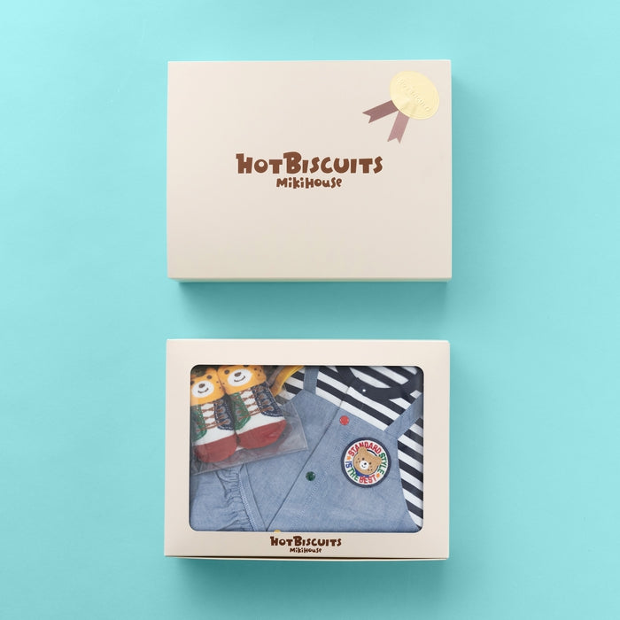 MIKI HOUSE HOT BISCUITS 吊帶褲風短袖連身衣及嬰兒襪禮盒套裝 藍色
