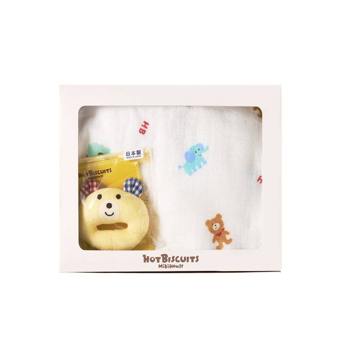 【日本製】MIKI HOUSE HOT BISCUITS 紗布浴巾及小熊搖鈴禮盒套裝 4色