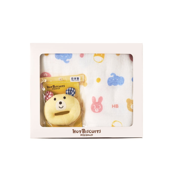 【日本製】MIKI HOUSE HOT BISCUITS 紗布浴巾及小熊搖鈴禮盒套裝 4色