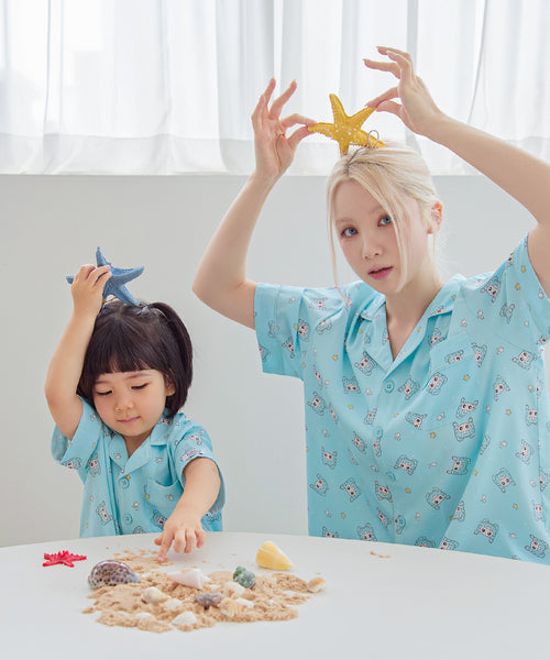 【韓國製】Docci / 도씨 【親子套裝】 鈴鐺粉 真絲感 短袖 親子睡衣套裝（成人1+兒童1）