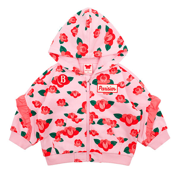 【韓國品牌／中國製】Bebedepino Baby 茶花 滿版 荷葉邊 連帽拉鏈外套 BP63JD204